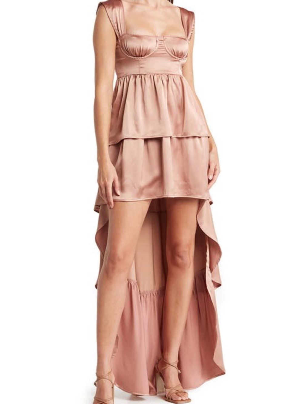 WeWoreWhat Rose Blush Satin High-Low Tiered Dress MSRP $148